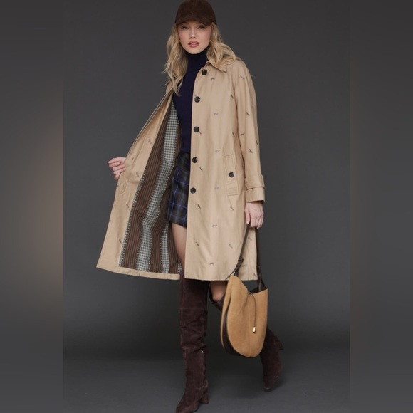 AVEC LES FILLES Equine Embroidered Cotton Blend Trench Coat Preppy Luxury LARGE